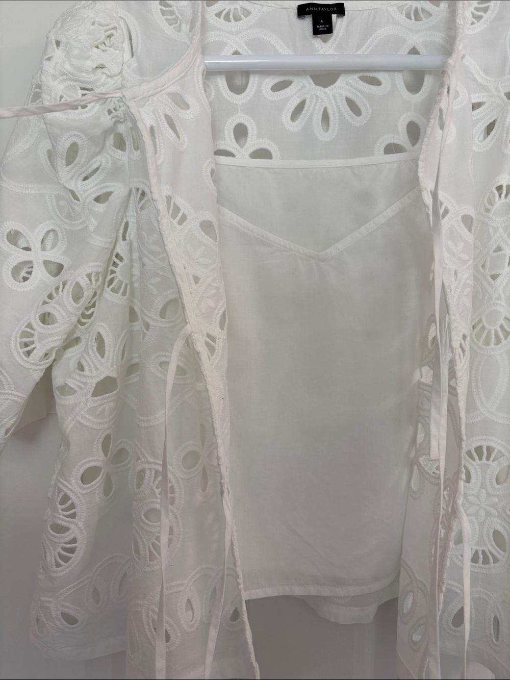 Ann Taylor 100% Cotton White Eyelet Tie-Front Top with Cami - Picture 5 of 9